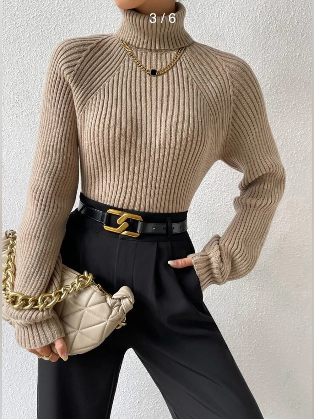 Turtleneck Raglan Sleeve Ribbed Knit Sweater